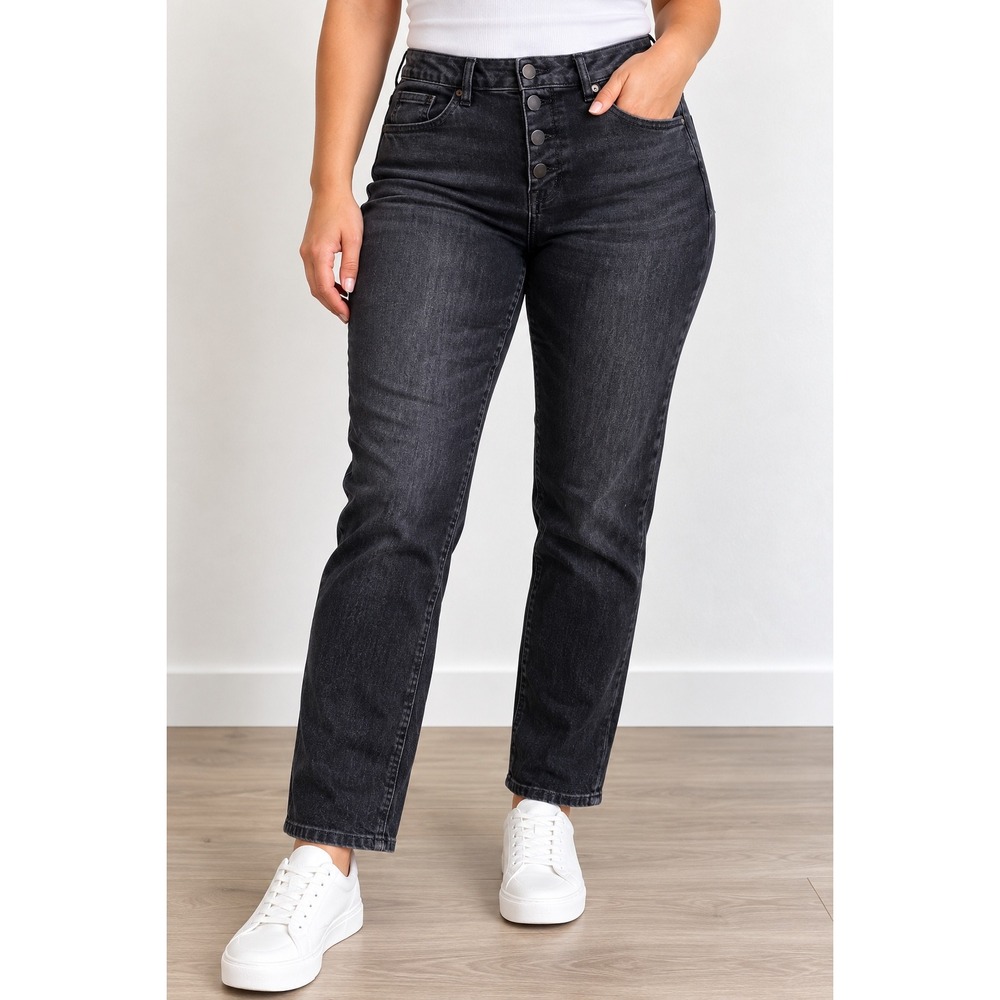 No Boundaries Womens High Rise Button Fly Straight Leg Jeans Charcoal Black 17